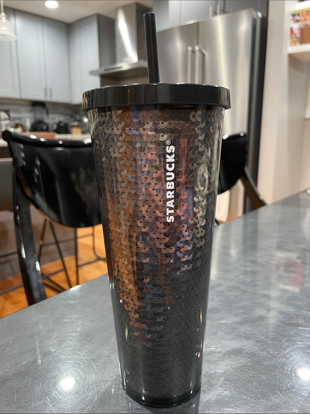 Starbucks Black Sequin Tumbler with Straw